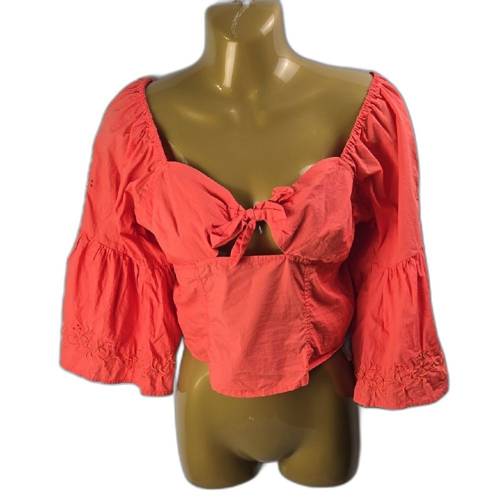Free People Women's Coral Bell Sleeves Tie In Front Crop Top‎ XS